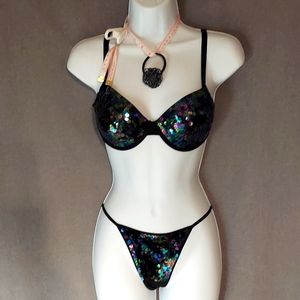 Black Sequin and Sheer Bra Thong set NWOT 34C S/5